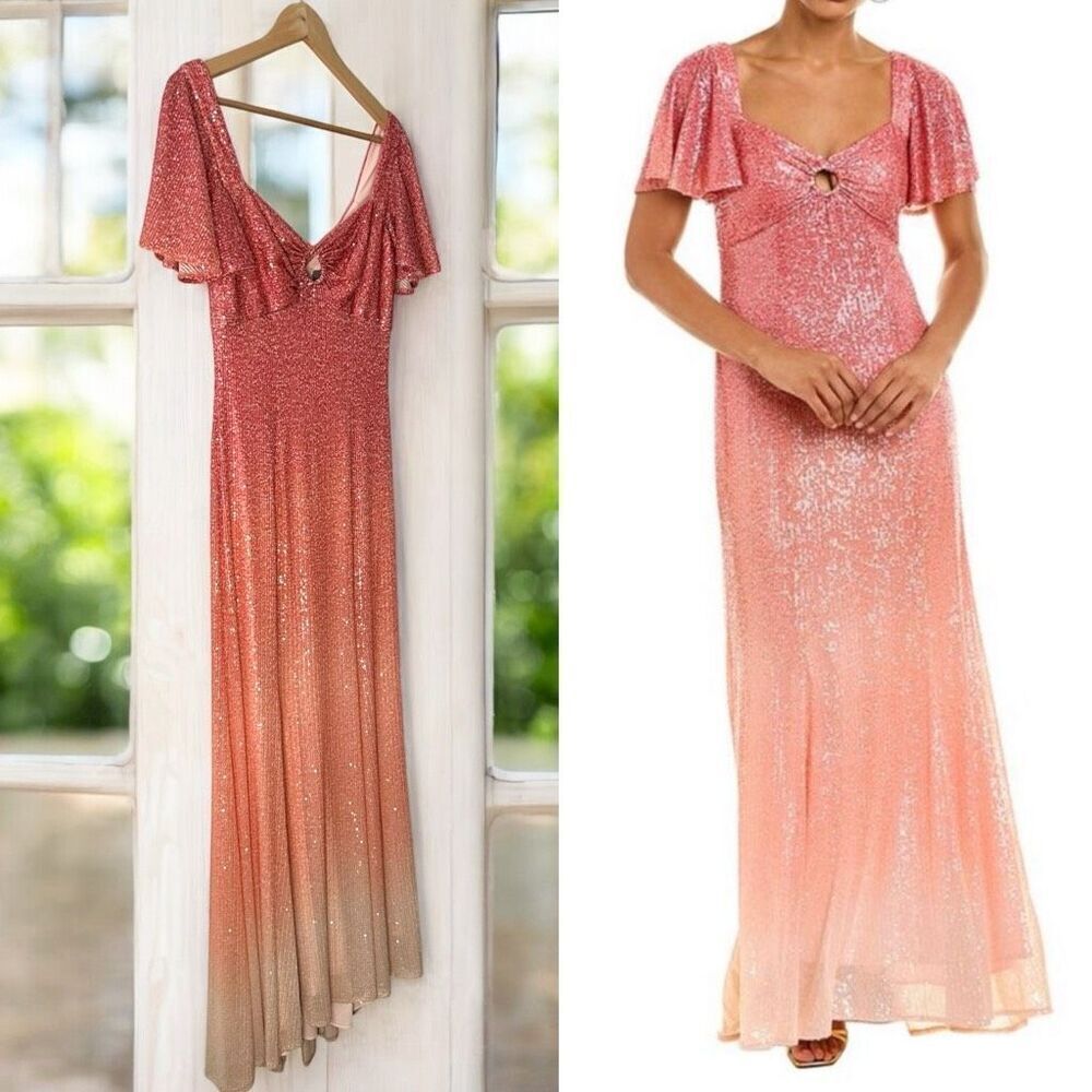 Theia Couture $749 Ombre Sequin Flutter Sleeve Maxi Evening Gown NWT
